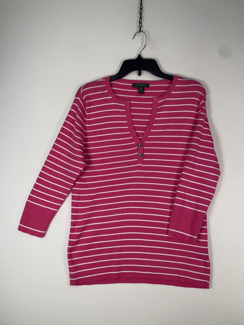 Lauren Ralph Lauren Sweater Womens XL Pink Stripe Henley V Neck 3/4 Sleeve